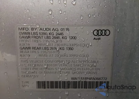 2015 Audi Q5 2.0T Premium z USA, uszkodzony, nr VIN WA1LFAFP4FA086772